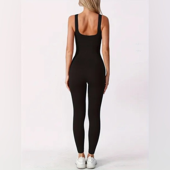 Black Women's Full Length Fitted Ribbed Bodysuit Jumpsuit - Picture 3 of 9